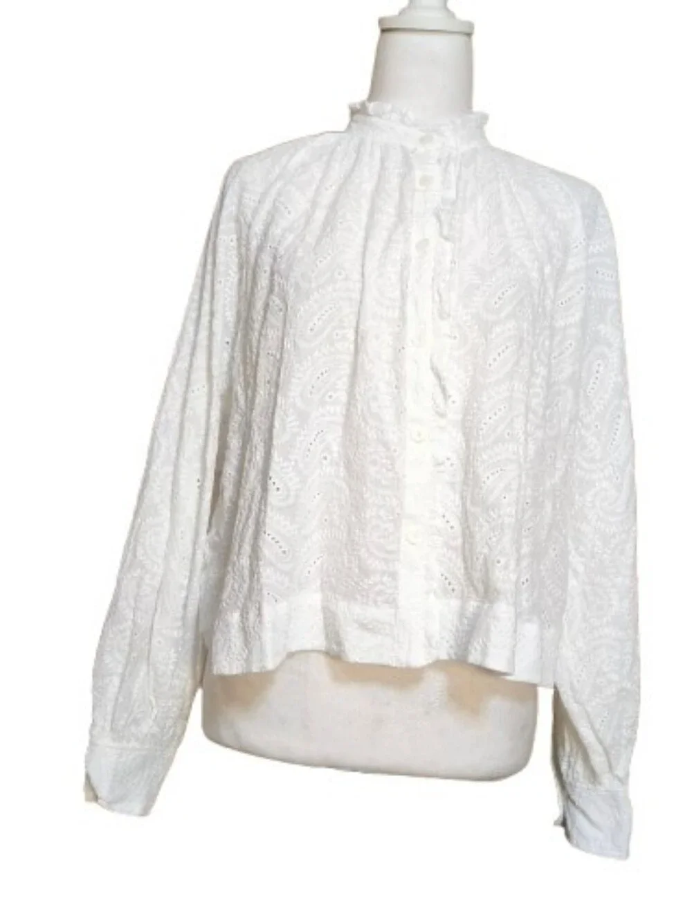 FRNCH Paris White Embroidered Eyelet Cotton Blouse Size L Coastal Cottagecore - Picture 7 of 10